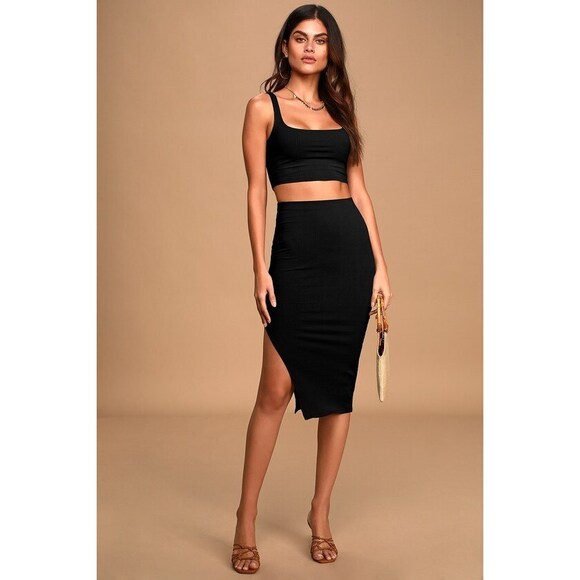 Lulus Set For Life Black Ribbed Bodycon Two-piece Dress - Size M - Picture 1 of 2